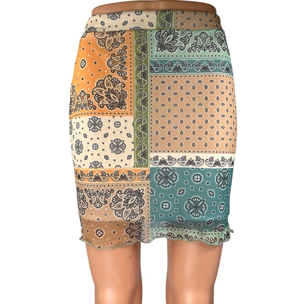 Daisy Street Coral Blue Floral Bandana Boho Patchwork Pencil Mini Skirt Size M